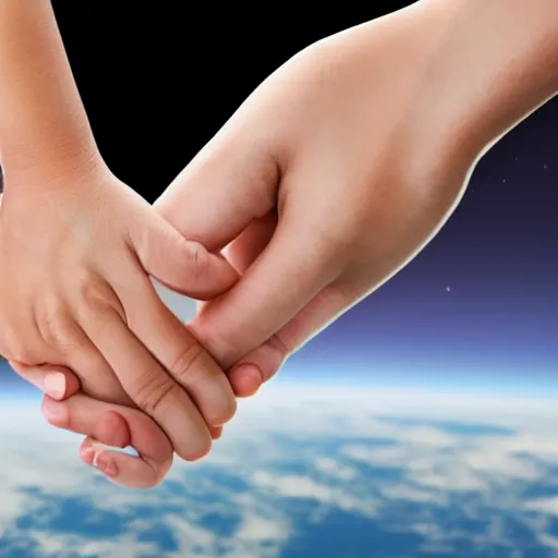 Prompt: brother and sister holding hands as they stand before a space ship ready to leave Earth