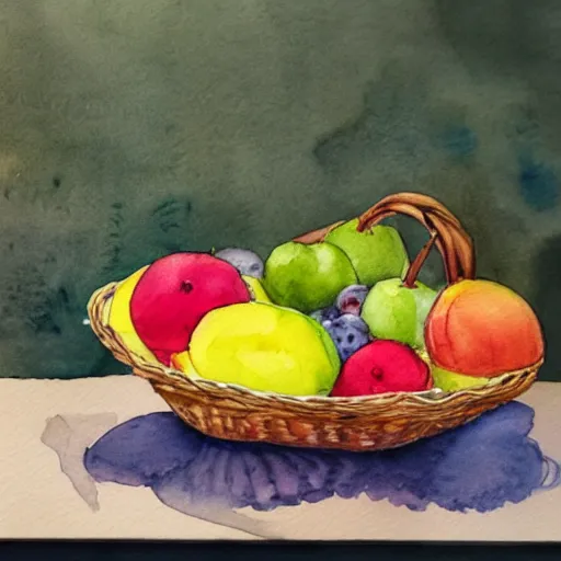 Prompt: a fruit basket on top of a kitchen table, watercolor