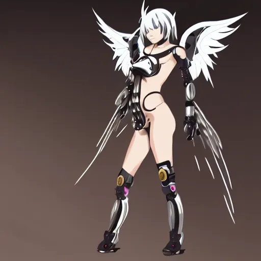 Image similar to small female cyborg - angel with large angelic wings, left eye gold and right eye silver, cyberpunk - anime character - concept art