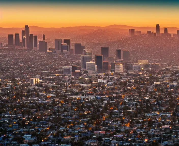 Image similar to 4 k hd, high detail photograph of los angeles at sunset, shot with sigma f / 4. 2, 2 5 0 mm sharp lens, wide shot, volumetric lighting, high level texture render, unreal engine