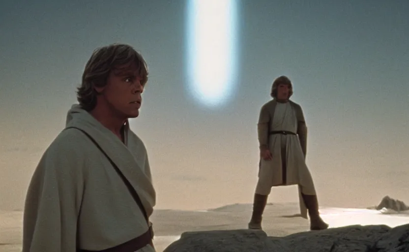 Image similar to screenshot portrait shot of Luke Skywalker in front of the ancient Jedi Temple, morning, landscape, no people, no man, lost world, sharp focus, from the 1970s sci fi thriller by Stanely Kubrick film, color kodak, ektochrome, anamorphic lenses, detailed faces, moody cinematography