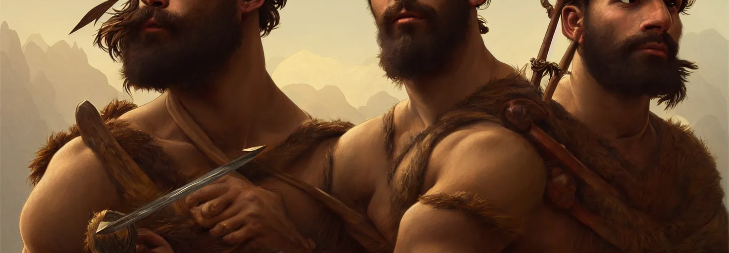 Image similar to renaissance upper body portrait of a gruff ranger with a spear, Ethiopian, lean and toned, handsome face, hairy chest, D&D, intricate, elegant, highly detailed, digital painting, artstation, concept art, matte, sharp focus, illustration, art by da Vinci, Artgerm and Greg Rutkowski and Alphonse Mucha