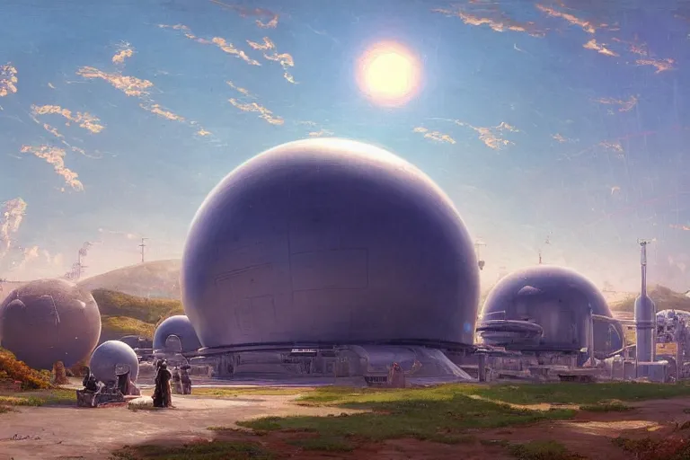 Image similar to a beautiful impressive science fiction big factory with a spherical architecture designed by boeing military and star wars with fat cables and pipes at its base, on a beautiful green hill in a the french countryside during spring season, painting by studio ghibli backgrounds and frederic edwin church hd, nice spring afternoon lighting, smooth tiny details, soft and clear shadows, low contrast, perfect