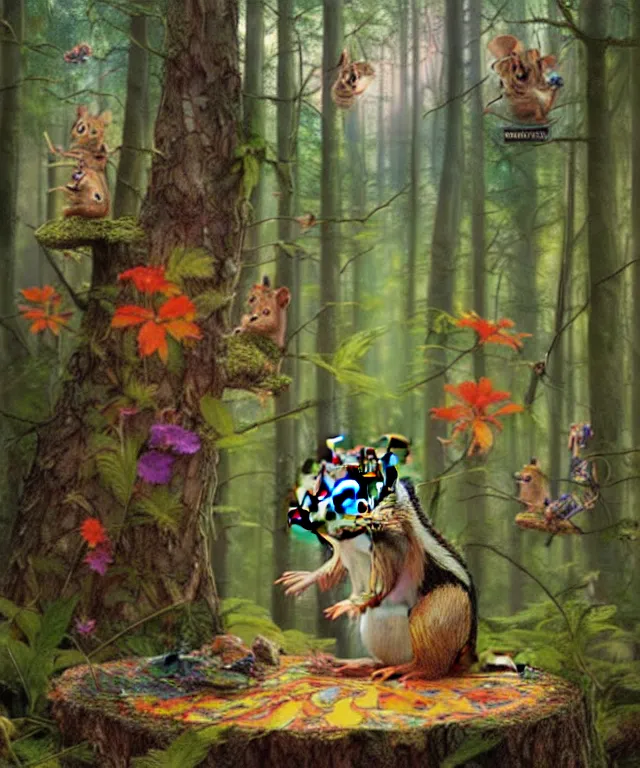 Prompt: a single realistic chipmunk, sitting in a psychedelic forest, wide angle landscape shot, pixar style by tristan eaton, artgerm and tom bagshaw