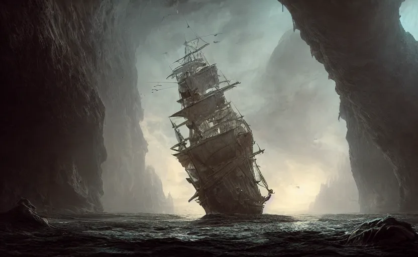 Prompt: A singular big galleon ship, three masts, front and center, in a cave. Underexposed, dark, centered. Atmospheric matte painting by Darek Zabrocki and Emmanuel Shiu, 4k ultra detailed