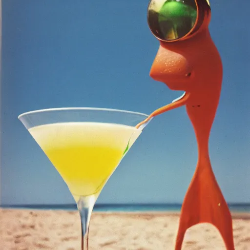 Image similar to photograph of an alien drinking martini on the beach, life magazine, 8 0 s