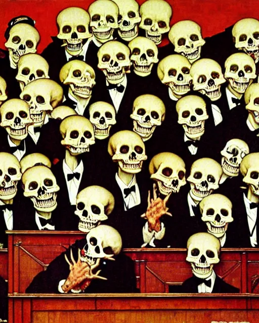 Image similar to oil geometric painting of skull skeletons singing in the choir by norman rockwell