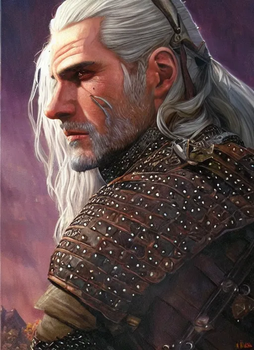 Image similar to a realistic fantasy portrait painting of a male witcher, ultra detailed, art by ralph horsley, swanland, sabbas