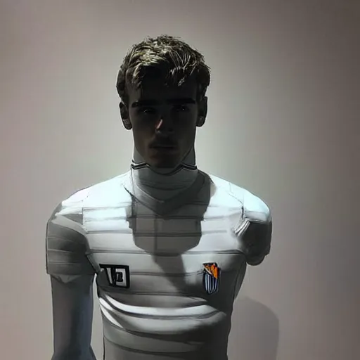 Image similar to “ a realistic detailed photo of a guy who is an attractive humanoid who is half robot and half humanoid, who is a male android, soccer player antoine griezmann, shiny skin, posing like a statue, blank stare, at the museum, on display ”