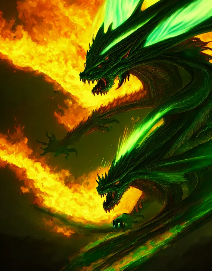 Prompt: Digital painting of a green dragon in flames, hyperdetailed, artstation, cgsociety, 8k