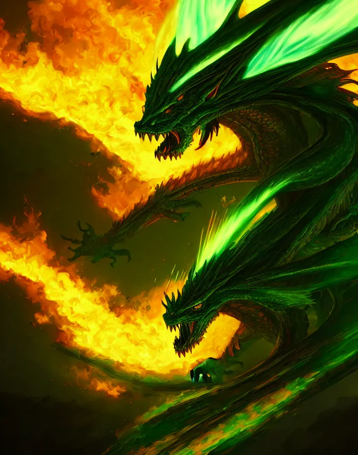 Image similar to Digital painting of a green dragon in flames, hyperdetailed, artstation, cgsociety, 8k