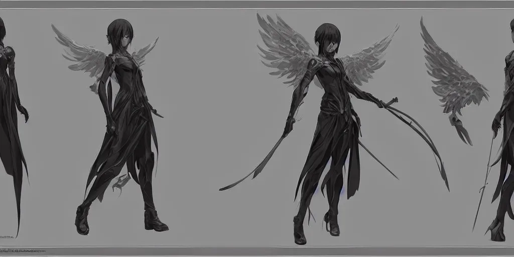 Prompt: the angel of death, character concept, character reference sheet, front and side views, by makoto shinkai, stanley artgerm lau, wlop, rossdraws, james jean, andrei riabovitchev, marc simonetti, krenz cushart, sakimichan, trending on artstation, digital art, character design, lou romano color scheme
