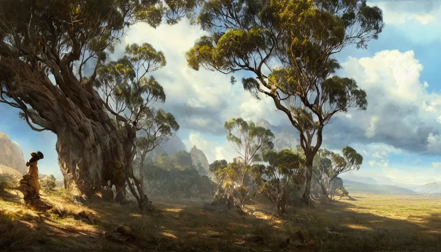 Prompt: excellent painted daemon in a wide epic beautiful landscape somewhere in australia with fluffy clouds, painted by Hans Fredrik Gude, Greg Rutkowksi, Craig Mullins and Artgerm, masterpiece, 4k, ultra realistic highly detailed oil painting