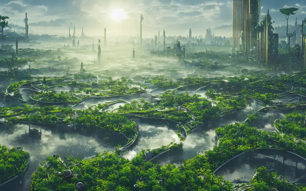 Image similar to a breathtaking view of a solarpunk city, green meadows and rivers, futuristic architecture, hyperrealism, octopath traveler, octane render, misty, highly rendered, global illumination, radiant light