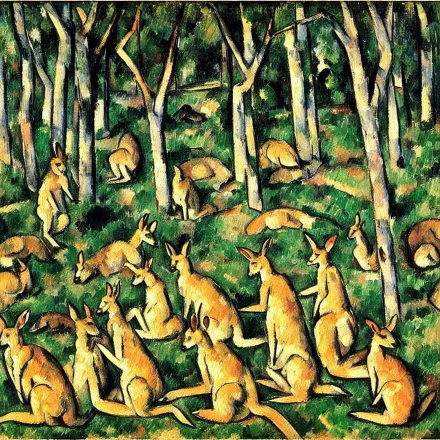 Image similar to five kangaroos bathing in a lake. an oil painting by paul cezanne