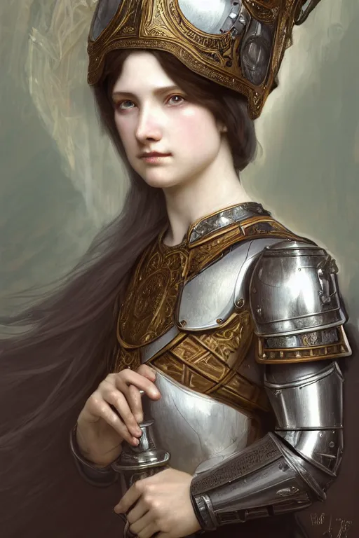 Image similar to beautiful and victorian and holy and divine and elite young medieval female white armor knight portrait +shinny eyes+front face with light flowing hair, ultradetail face, art and illustration by tian zi and craig mullins and WLOP and alphonse mucha, fantasy, intricate complexity, human structure, human anatomy, fantasy character concept, watermark, blurry, hyperrealism 8k