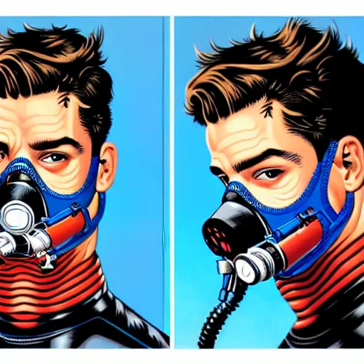 Image similar to portrait of a male diver with a oxygen mask intricate details mask by MARVEL comics and Sandra Chevrier