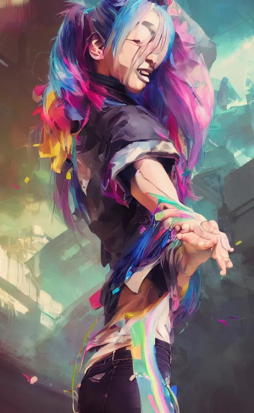 Image similar to a kawaii woman with rainbow hair dancing, kawaii shirt and jeans, In style of Yoji Shinkawa, wojtek fus, by Jordan Grimmer and greg rutkowski, concept art, highly detailed