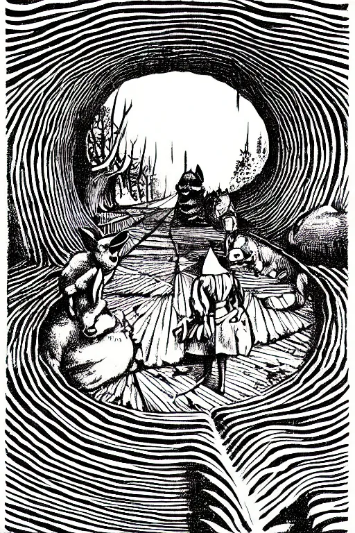 Prompt: alice in wonderland rabbit hole tunnel surreal, art by james o barr and albrecht durer, surreal woodcut engraving, black and white, vector, vector art