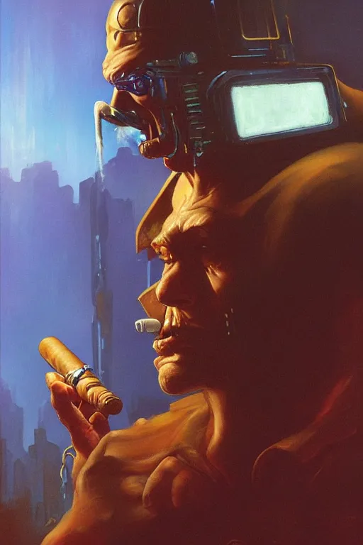 Image similar to An android smoking a cigar in a cyberpunk setting, by Frank Frazetta, Trending on Artstation, highly detailed,