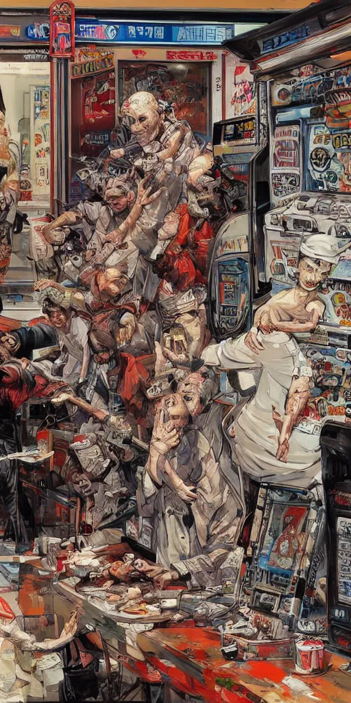 Image similar to oil painting scene from amusement arcade by kim jung gi