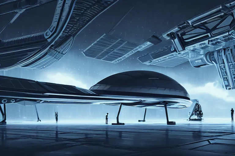 Image similar to a huge futuristic spacecraft in a hangar, cinematic lighting, low angle, tiny people standing near the spacecraft, concept art