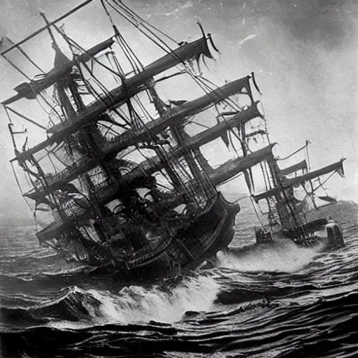 Image similar to an impossibly huge pirate ship, being attacked by a kraken, giant tentacles. 1930s photograph