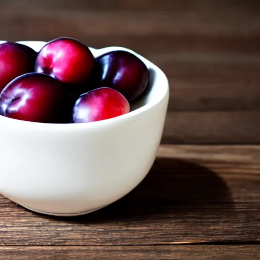 Prompt: photo of a single thick porcelain bowl filled with a few moist freshly picked plums on a wooden table. volumetric lighting. 4 k. small scale. realistic. top down.