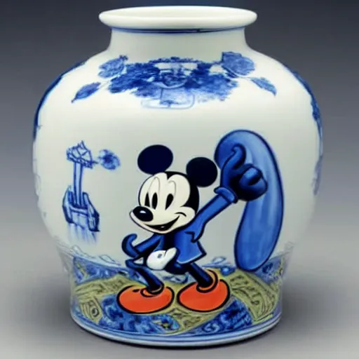 Image similar to a delft blue vase with a happy mickey mouse depicted on it ; extremely detailed