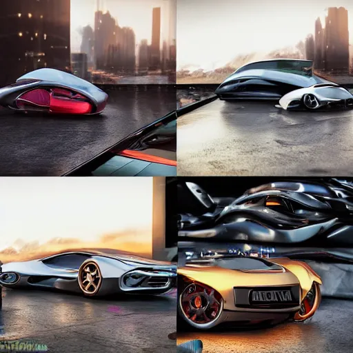 Image similar to ten several cars: center composition, cars portraits, ground view, motherboard forms designed by zaha hadid, sci-fi futuristic ultra realistic photography, keyshot render, octane render, unreal engine 5 lumen, high oiled liquid glossy specularity reflections, ultra detailed, golden hour, dramatic lighting 4k, 8k, 16k in the style ofblade runner 2049 Cyberpunk 2077 ghost in the shell thor 2 marvel film : tilt shift: sharp focus