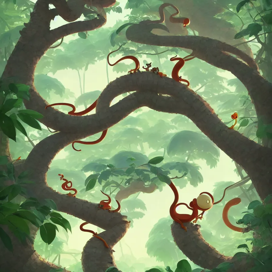 Image similar to Goro Fujita illustrating a snake with geometric figures climbing a large tree in a jungle, art by Goro Fujita, sharp focus, highly detailed, ArtStation