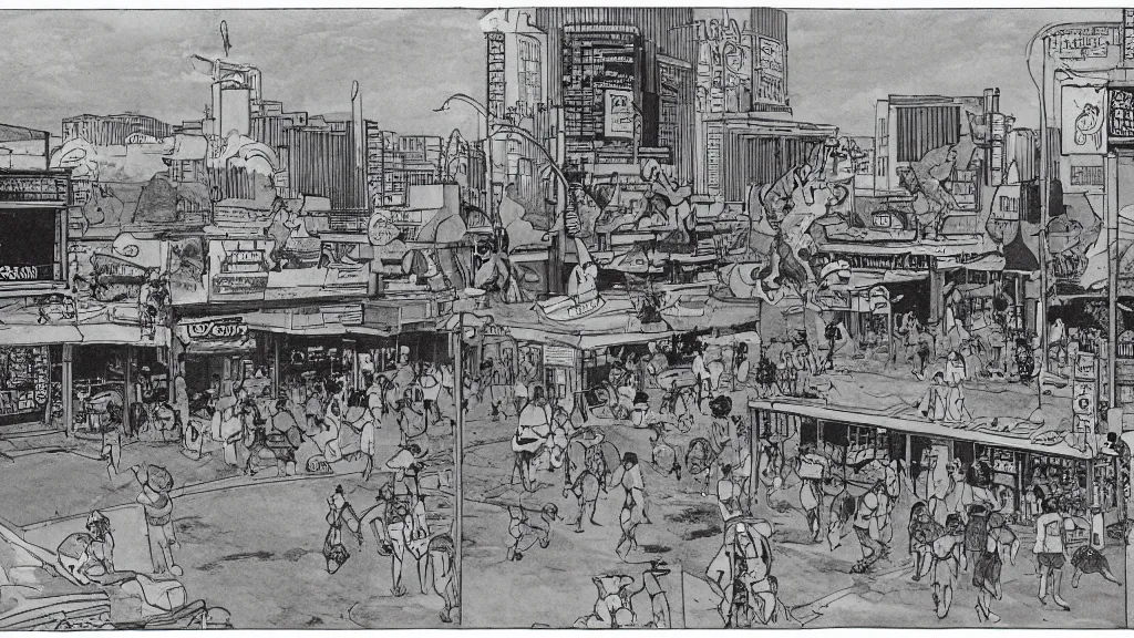 Prompt: Jollibee City after the swag demons attacked, street scene, wide shot, by Moebius, Renoir