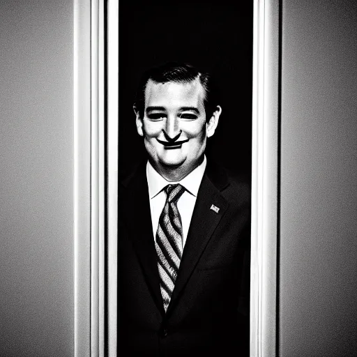 Image similar to Ted Cruz with a wide grin peaking through a door, black and white, creepy lighting, scary, horror, ornate, eerie, fear
