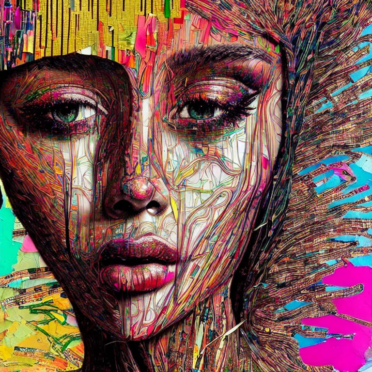 Image similar to beautiful anima girl lost in colors artwork by el anatsui and carne griffiths