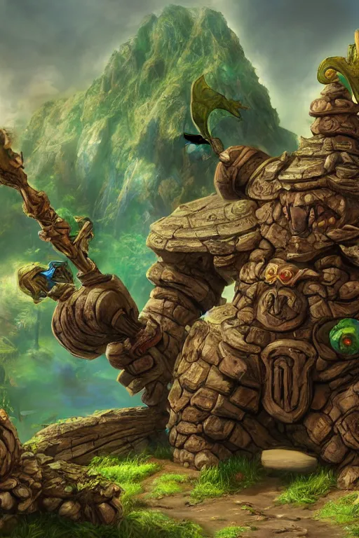 Image similar to zelda fantasy art giant golem troll wood rock greeble gemstone, global illumination ray tracing hdr fanart arstation by sung choi and eric pfeiffer and gabriel garza and casper konefal