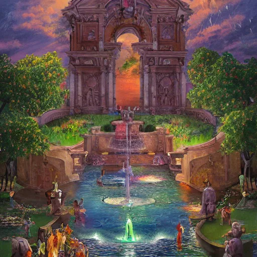 Prompt: the fountains of paradise, highly detailed painting, featured on artstation