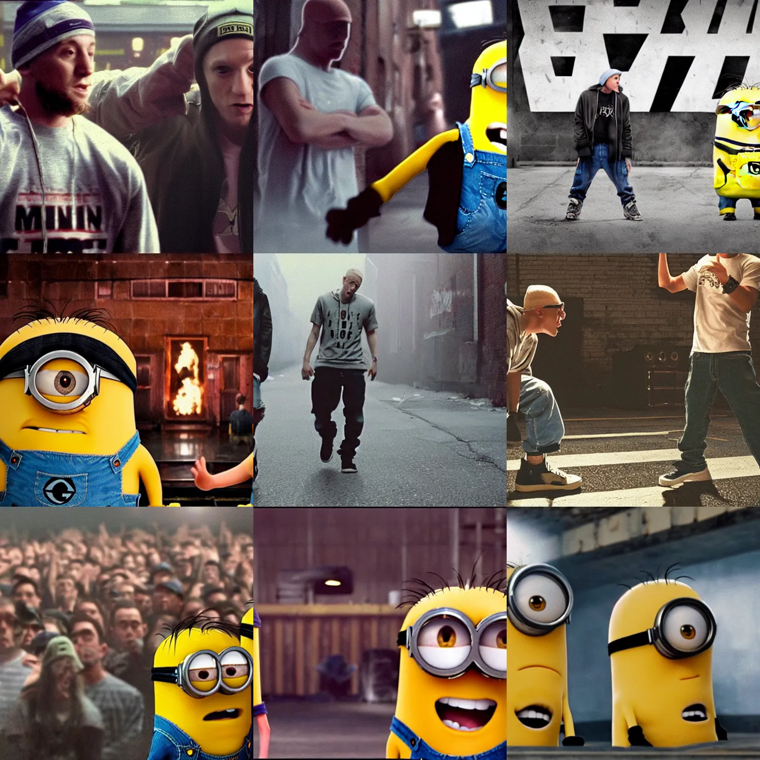 Prompt: still from the movie 8 mile, extreme long shot of a minion and eminem having a rap battle, award winning photo, high detail, atmospheric, 8k