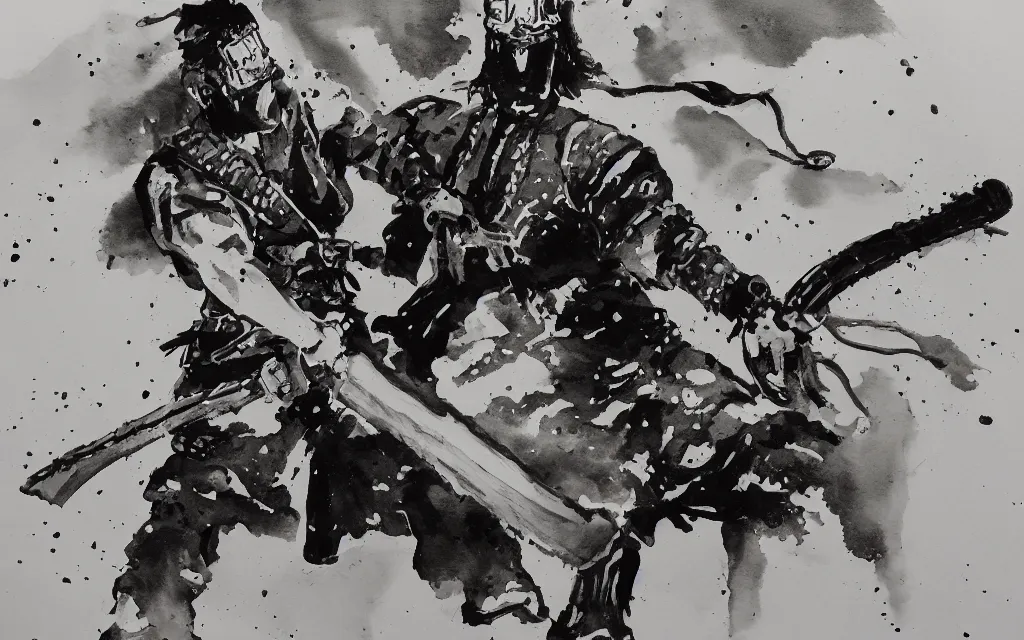 Prompt: samurai wielding a chainsaw, black and white watercolor