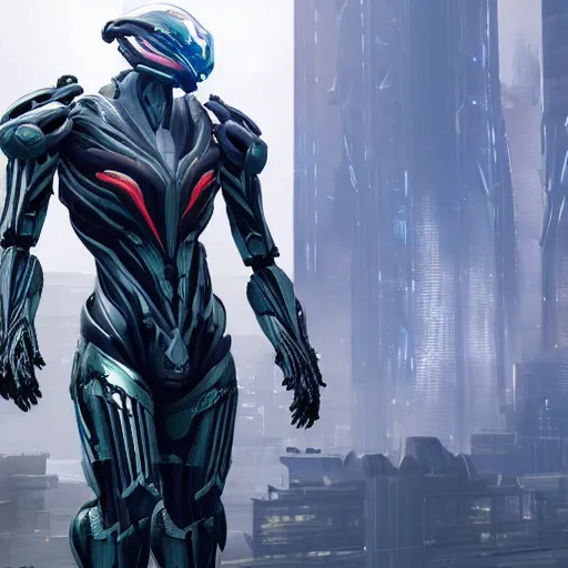 Image similar to crysis nanosuit, warframe, 5 0 feet tall, cyberpunk city, pacific rim robot, mech, h. r. giger