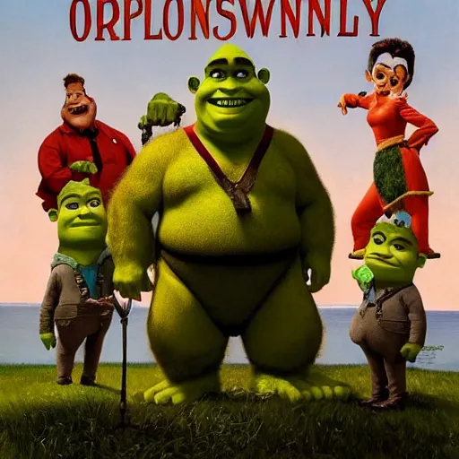 Prompt: portrait John Goodman Carl/Fredricksen wearing a shrek the ogre costume head eyes with yoked burly physique stands atop a skyscraper norman rockwell brad rigney winslow homer greg rutkowski stop-motion dreamworks pixar