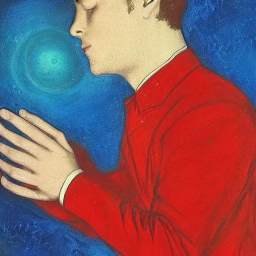 Prompt: A beautiful digital art of a man in a red suit with a blue background. The man's eyes are closed and he has a serene, content look on his face. His arms are crossed in front of him and he appears to be floating in space. The blue background is swirling with geometric shapes and patterns. by Ramon Casas, by Gabriele Münter sinister