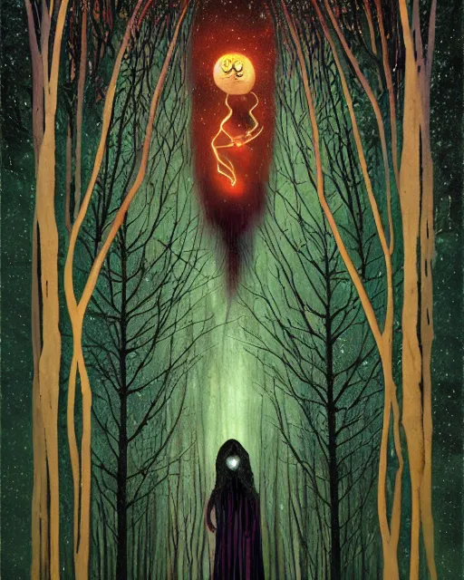 Image similar to tarot card, haunted woods, Art nouveau, by andy kehoe