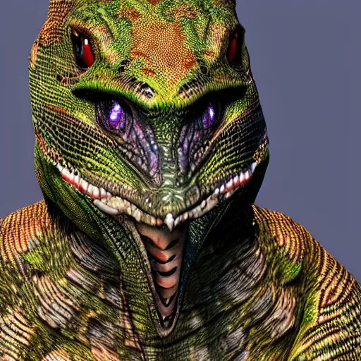 Prompt: Lizardman wearing shaman clothing, 4k, realistic