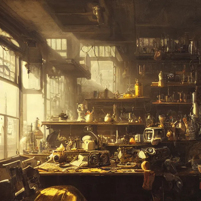 Prompt: still life photo of a cyberpunk junk shop by pieter claesz, oil on canvas, strong lighting, highly detailed, hyper realism, golden hour, god rays, hd, 4 k