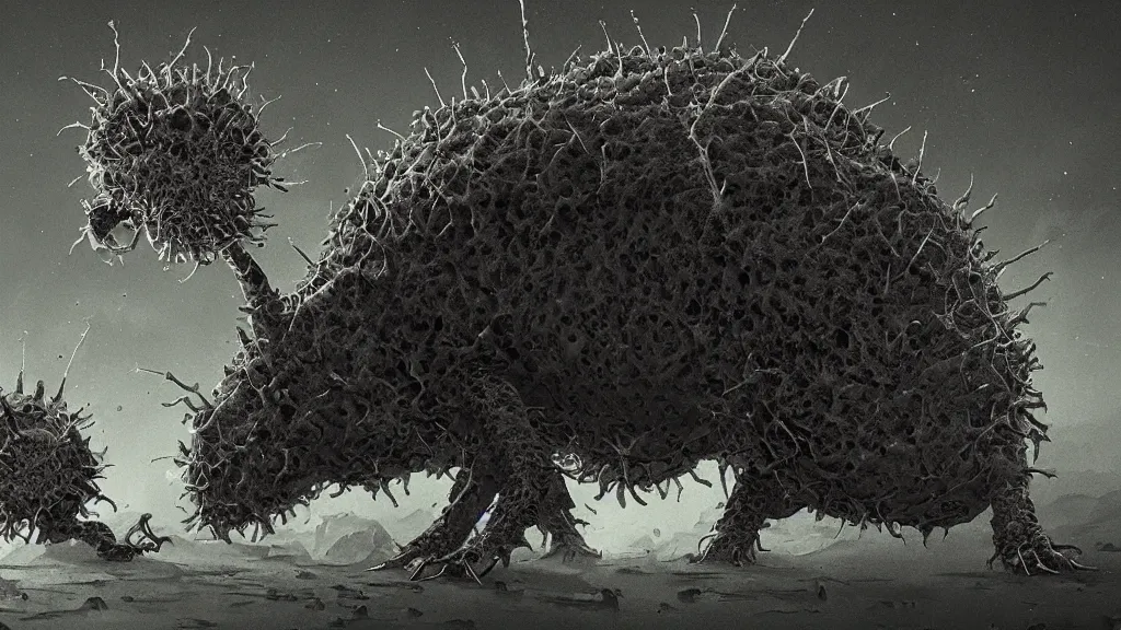 Image similar to a beautiful microscopic scientific photo of a coronavirus and a strange life form seen through an electron microscope, dark, sinister, detailed, art by Greg Rutkowski