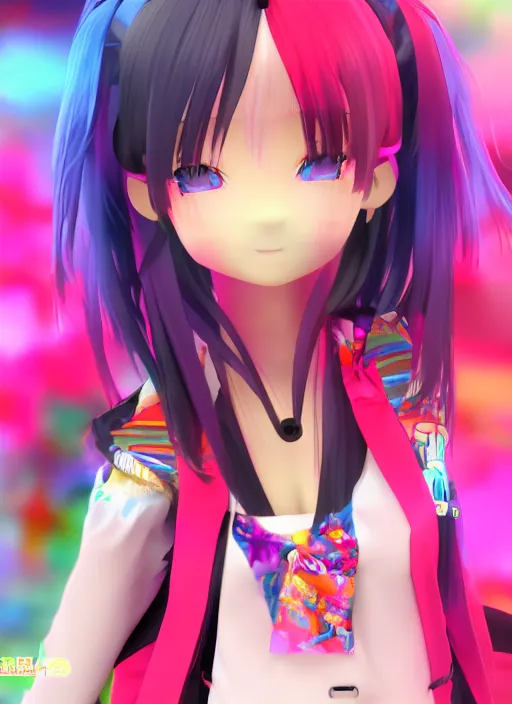 Image similar to anime, vrchat, secondlife, imvu, 3 d model of a girl wearing harajuku colorful clothes, pop colors, kawaii hq render, detailed textures, artstationhd, booth. pm, highly detailed attributes and atmosphere, dim volumetric cinematic lighting, hd, unity unreal engine