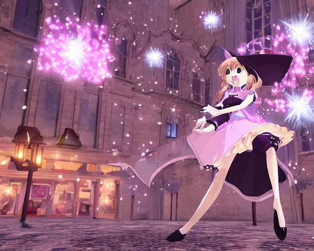 Image similar to a sparkling image of a ps2 magical anime witch from madoka magicka. the witch is psychic. she is flying on a broom through new york. people are running for their lives. terrorist attack.