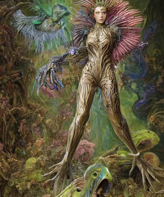 Prompt: a portrait photograph of hunter schafer as a strong alien harpy queen with amphibian skin. she is dressed in a colorful slimy organic membrane catsuit and transforming into an bird with an armored exoskeleton. by donato giancola, walton ford, ernst haeckel, peter mohrbacher, hr giger. 8 k, cgsociety, fashion editorial