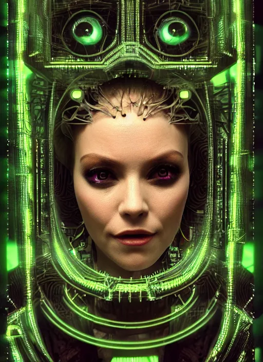 Prompt: 35mm portrait of intricate 7 of 9 borg with eye implant, on the background of a weird magical mechanical forest. Round gears visible inside her hear. Very detailed 8k. Fantasy cyberpunk horror. Sharp. Cinematic post-processing