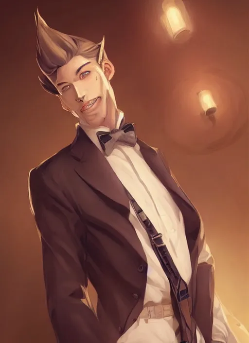 Image similar to beautiful portrait commission of a male furry anthro wolf wearing a white dress shirt with suspenders in an old-timey Saloon. Atmospheric. Character design by charlie bowater, ross tran, artgerm, and makoto shinkai, detailed, inked, western comic book art